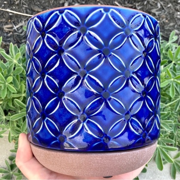 southern patio Other - 6 Inch Blue Planter Ceramic Pot Cobalt Embossed Floral Pattern Inline Saucer NWT